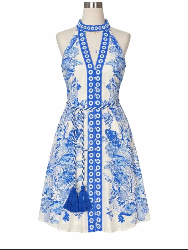 Anna Cate Blue White Halter Mini Dress Tassel Belt Extra Small NWT - Image 4