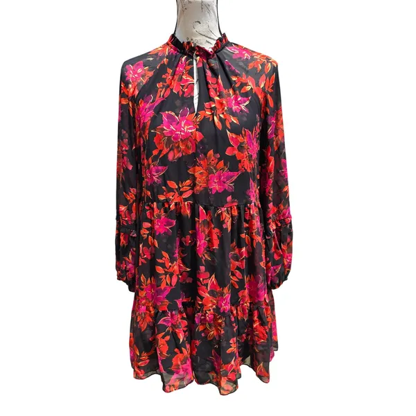Vince Camuto Red Floral Open Back Tie Mini Dress Black Gold Metallic‎ Small - Image 3