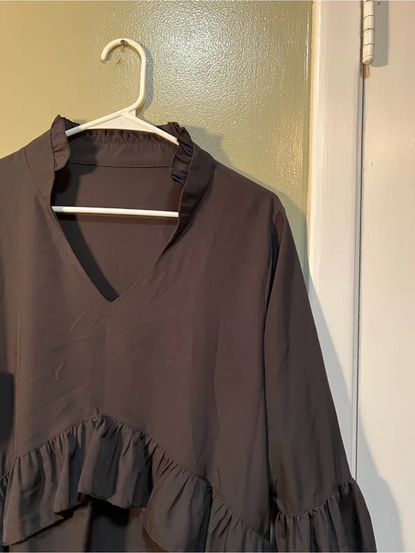 Women’s Size Large Mini Dress Black Ruffle V-Neck A-Line 3/4 Sleeve Collared LBD - Image 5