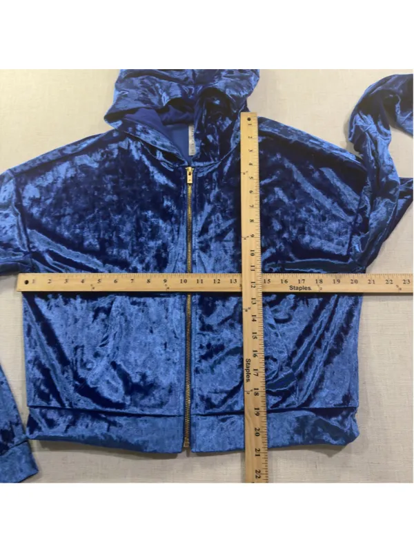 Fabletics Royal Blue Crushed Velvet Zip Up Cropped Hoodie Medium - Image 3