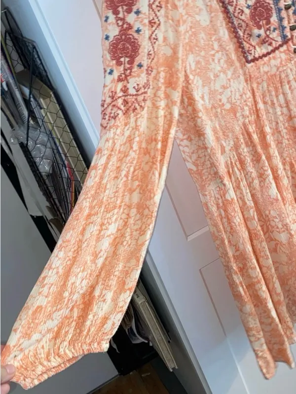 Anthropologie Peach Embroidered Babydoll Tunic Boho Western Festival blouse - Image 7
