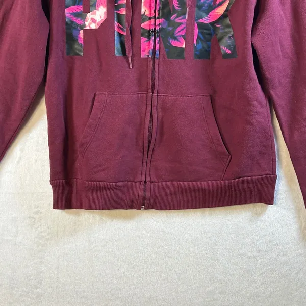 PINK Victoria's Secret‎ Burgundy Floral Logo Zip Up Hoodie Sweatshirt Size S - Image 4