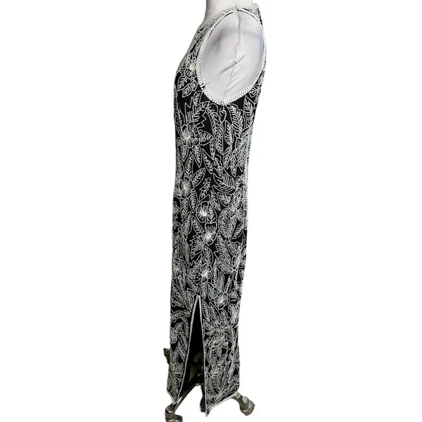 Vintage Stenay silk beaded sequin gown‎ maxi with slit black white Sz 8 - Image 3