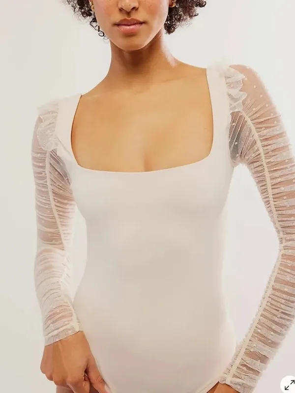 Free People Must Be Love Tulle Trim Long Sleeve Bodysuit Ivory M - Image 2