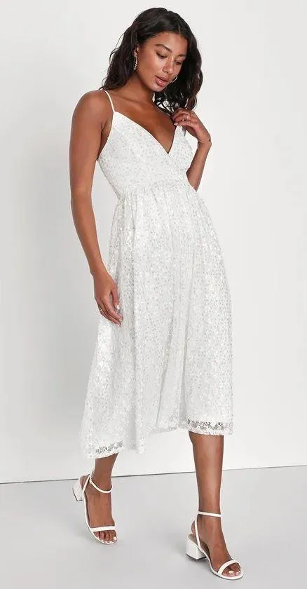 Lulus Dreamy Drama White Lace Sequin A-Line Midi Dress - Image 3
