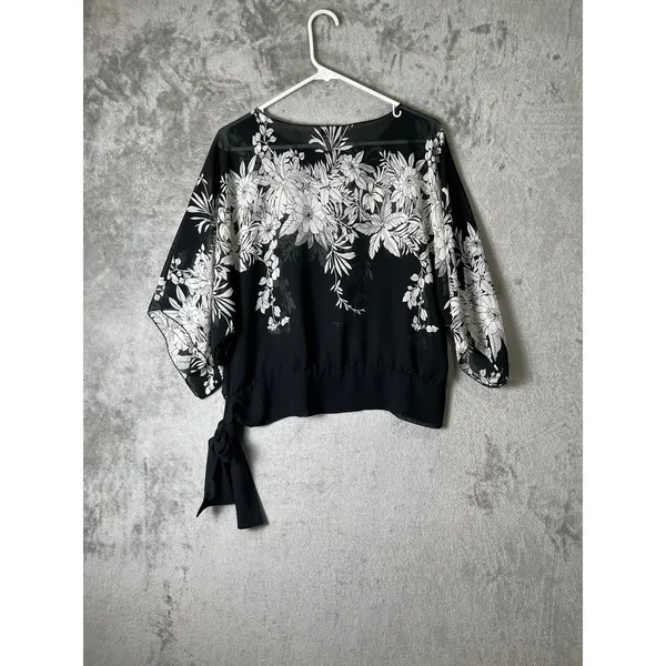 Vintage Y2K Floral Sheer Blouse Tie Hem 3/4 Sleeve Womens Large Black Baddie 90s - Image 3