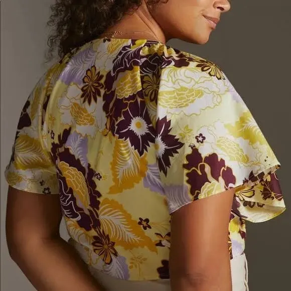 Anthropologie Maeve Cinched Yellow Floral Flutter Sleeve Tie Top‎ Blouse - Image 9