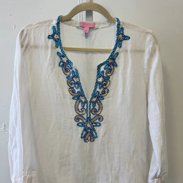 Lilly Pulitzer Amelia Island Tunic White Embroidered Beaded Sequin Small Boho‎ - Image 3