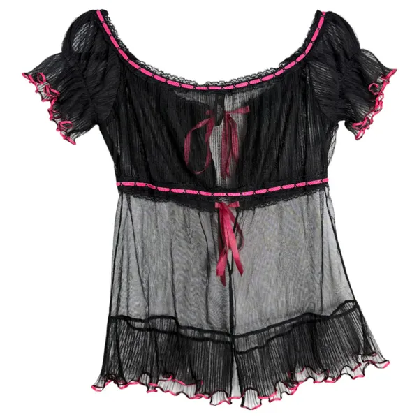 Victoria's Secret Vintage Y2K Sheer Black Pink Tie Topper Topper Medium Large - Image 5