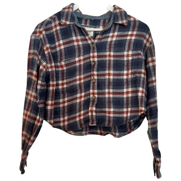 American Eagle cozy cabin cropped blue plaid flannel xsmall - Image 3
