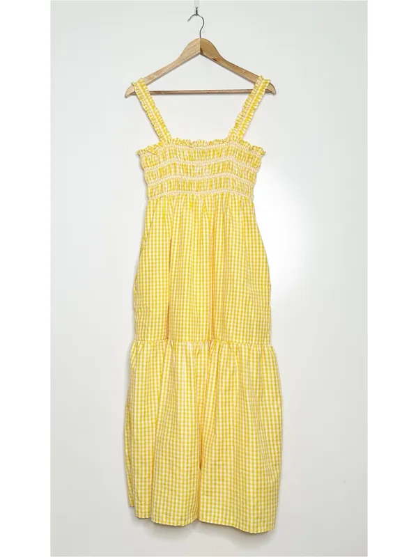 French Connection Yellow Gingham Smocked Midi Dress Size 6 - Image 2
