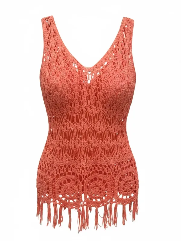 Blu Pepper Coral Crochet Fringe Tank Cover-Up - Image 3