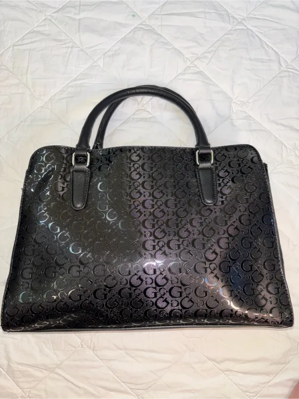 GUESS Black Glossy Monogram Satchel with Silver Chain Charm - Image 2