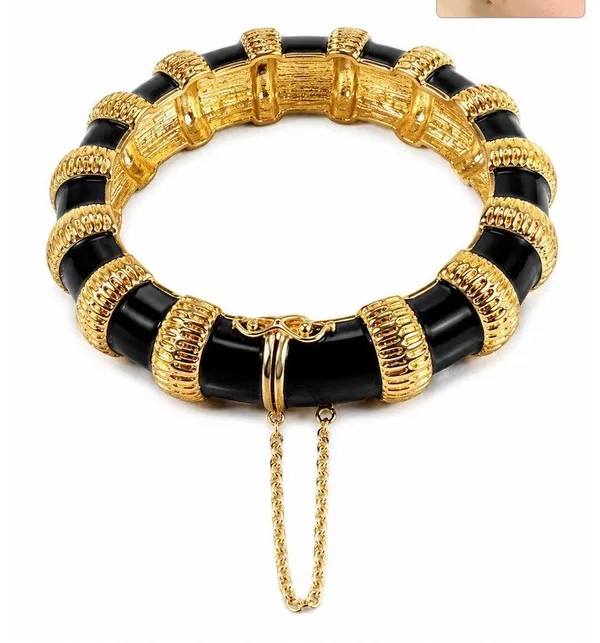 Nordstrom Bamboo Gold Black Enamel Statement Bracelet Cuff vintage Designer Inspired lux - Image 2