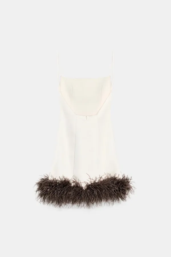 Zara Satin Mini Dress with Feather Hem in Cream - Image 8