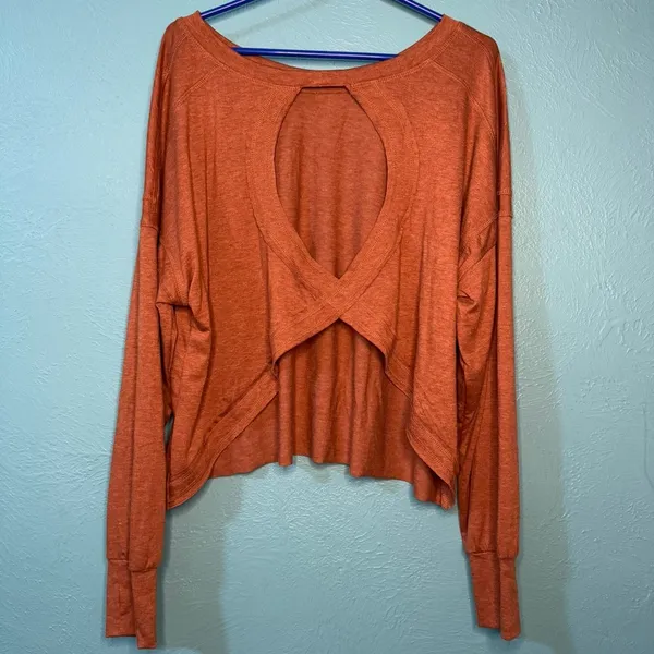 Rust Orange Long Sleeve Top with Cut Out Crop Casual Workout - Image 2