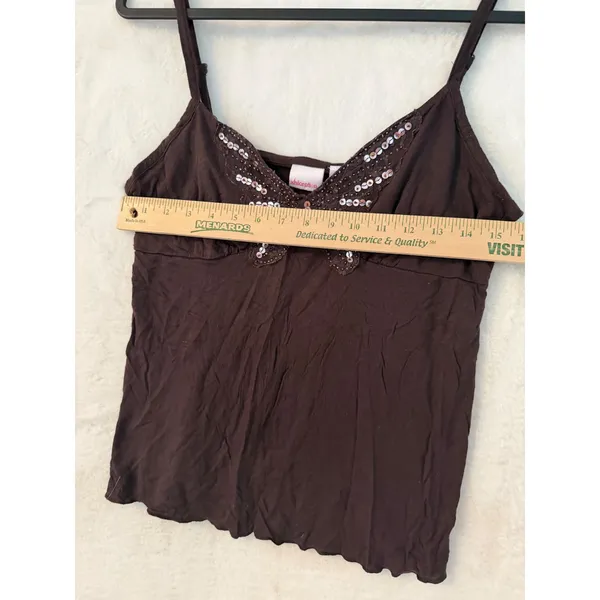 Xhilaration Brown Butterfly Sequin Cami Top Large Y2K Beaded Lettuce Edge Rayon - Image 3