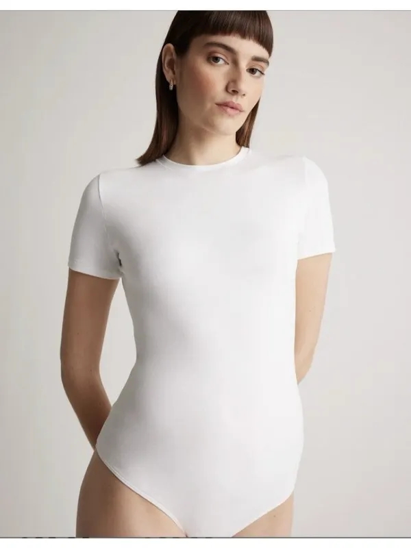 Quince Organic Cotton Stretch Crew Neck Short Sleeve Bodysuit White Size S - Image 3