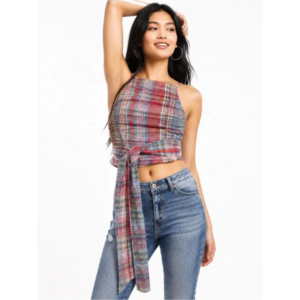 Free People Real Love Crop Top Women’s S Red Blue Plaid Ruched Wrap Y2K Boho - Image 9