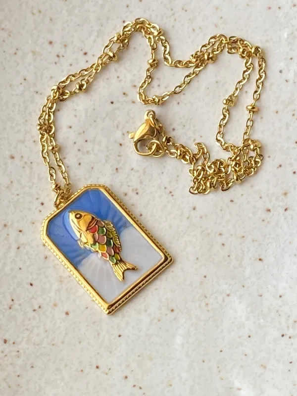 Handmade gold tone stainless steel & enamel fish necklace 🐟🌀 - Image 4