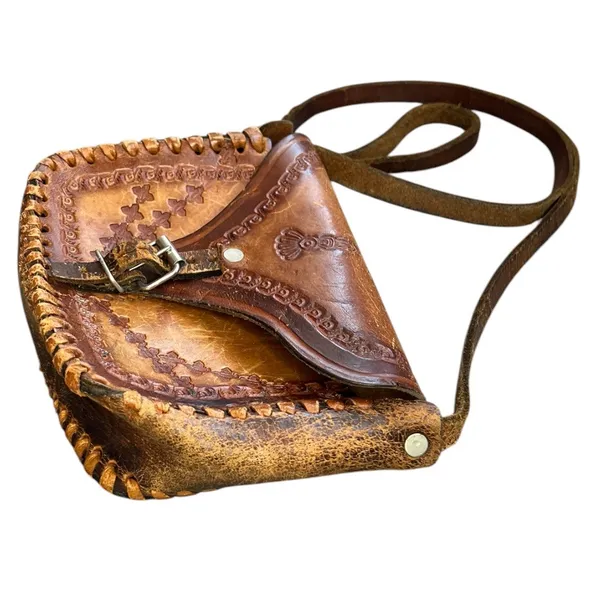 Vintage brown Tooled Leather Crossbody Bag boho retro western purse handcrafted - Image 3