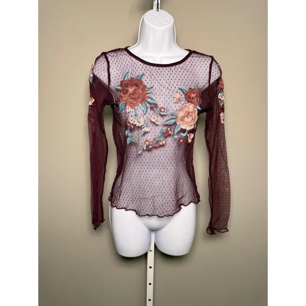 American Eagle Floral Mesh Top‎ Sheer Embroidered Long Sleeve S Whimsigoth - Image 2