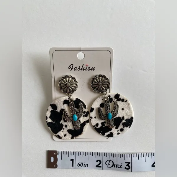 Cow pattern cactus‎ with turquoise decor dangle ethnic style earrings Black - Image 7