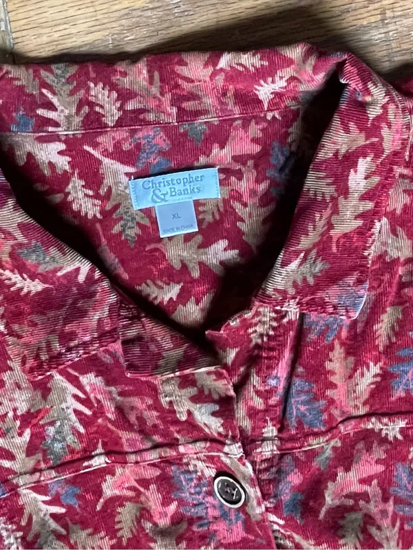 Red Leaf Print Corduroy‎ Jacket XL Autumn Cottagecore 100% Soft Cotton Button Up - Image 2
