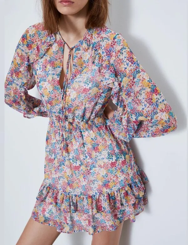 Zara RUFFLED FLORAL PRINT LONG SLEEVE MINI DRESS Size S NEW. - Image 2