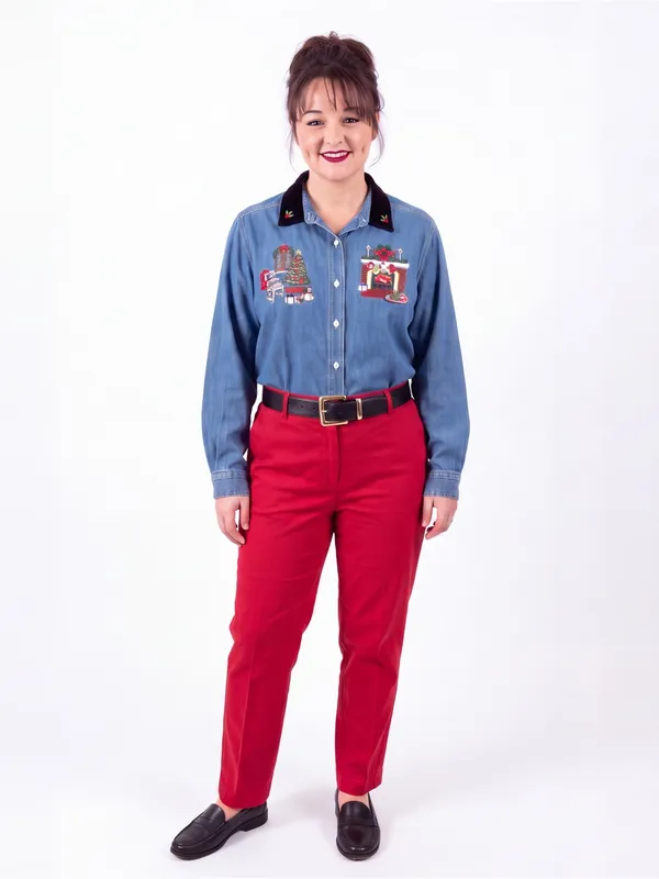 Vintage 90s Ugly Christmas Embroidered Denim Holiday Shirt Velvet Collar - Image 3
