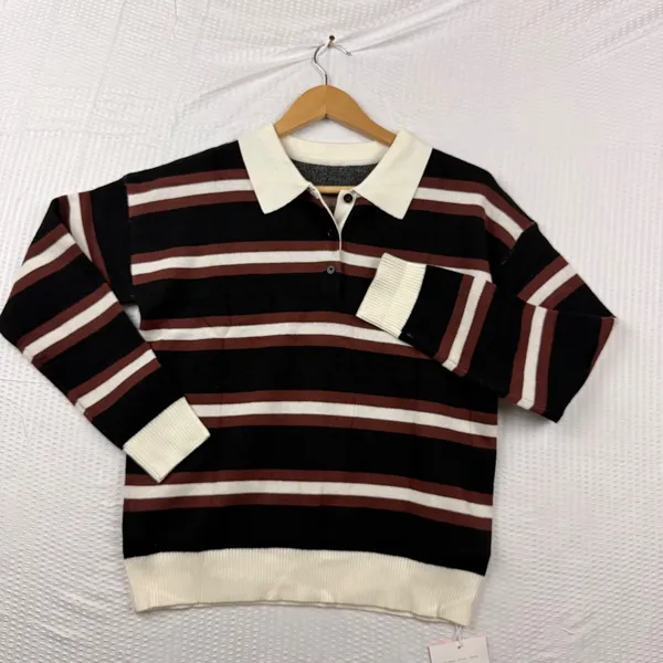 Tankaneo Women Black Brown Striped Long Sleeve Polo Knit Sweater M7D849 Size S - Image 2