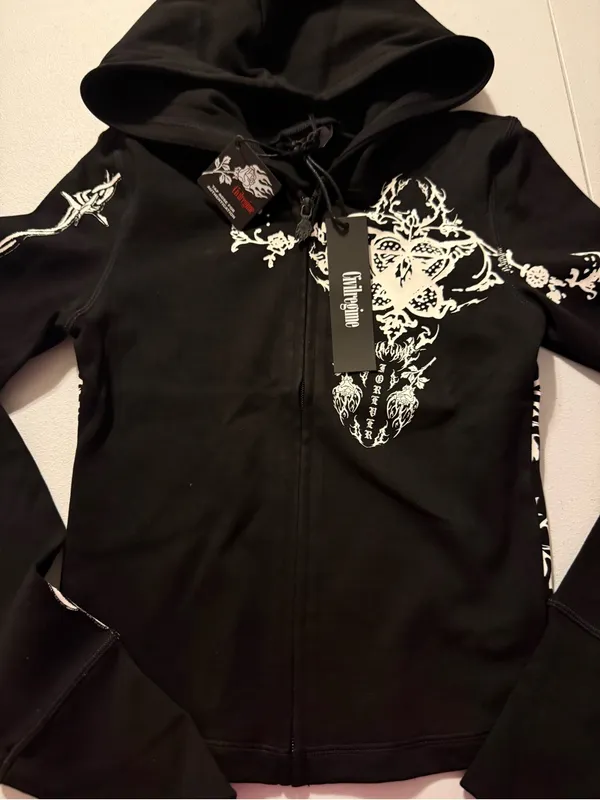 Civil Regime Zip-Up Long Sleeve Small Gothic Tribal Floral Black Womens Hoodie - Image 2