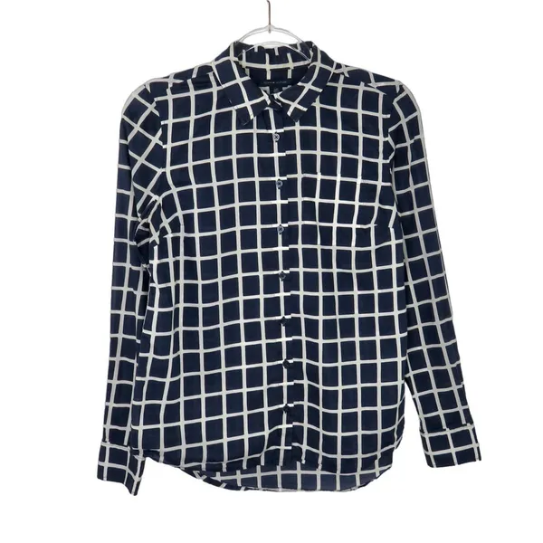 Tommy Hilfiger Navy Blue Grid Block Checkered Button Down Shirt Women's Small - Image 2