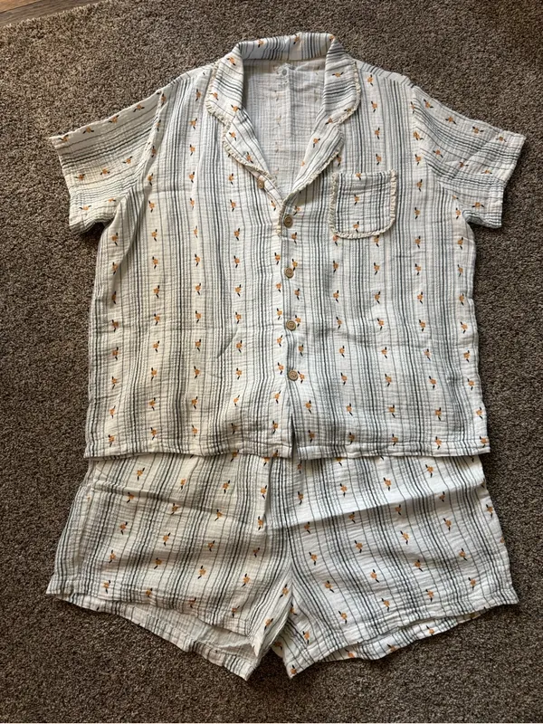 Lates by Kate Bamboo Gauze Women’s Short Sleeve Pajama Set - Light Blue Stripe - Image 2