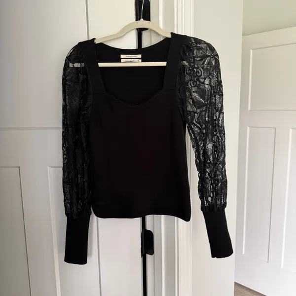 Anthropologie Black Lace-Sleeve Sweater‎ Ribbed Knit Top - Image 2