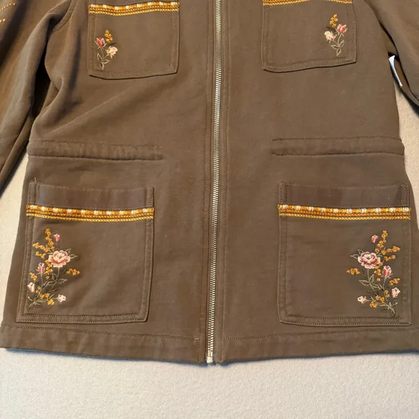 Driftwood Boho Floral Embroidered Zip Utility Jacket Green Womens Size S - Image 2