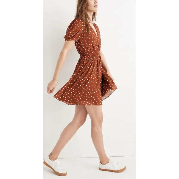 Madewell Smocked-Waist Mini Dress Polka Dots Burnt‎ Clay Puff Sleeve XS - Image 16