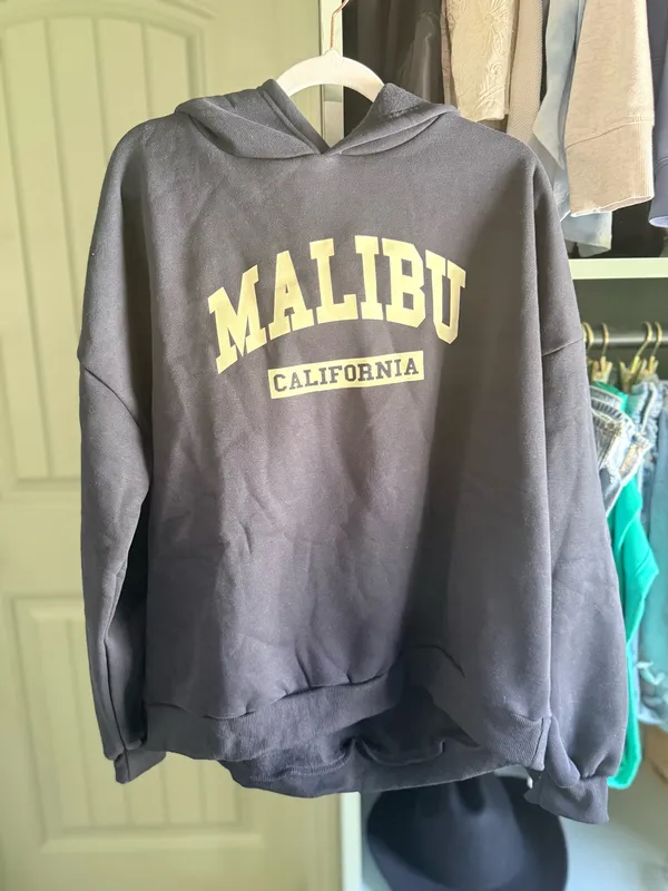 Edikted Navy Hoodie with White Malibu California Print - Image 2