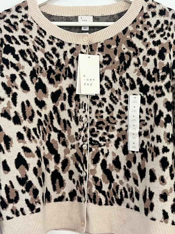 A New Day Leopard Print Cardigan Cropped Chic Minimalist Neutral Classic Sweater M - Image 4
