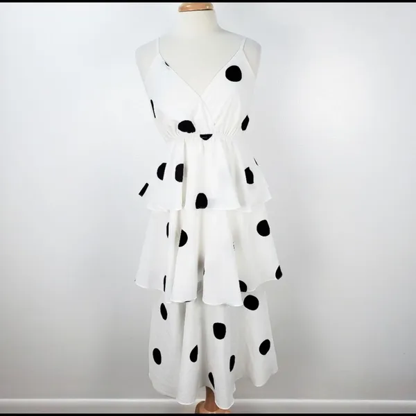 O.P.T Polka dot midi Dress layered ruffles Black Size XS - Image 7