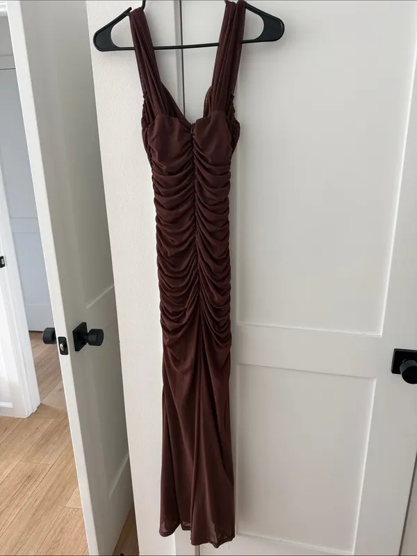 Ruched Cowl Neck Maxi Dress in Chocolate Brown - Image 4