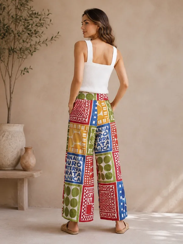 FARM Rio Selo Bananeira Linen Blend Wide Leg Pants XS Tropical Boho Colorful - Image 2