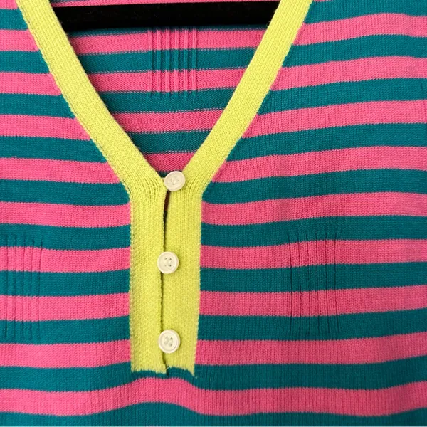 Woman’s Stripped Button Detail Knit Sweater Large Pink Green - Image 3
