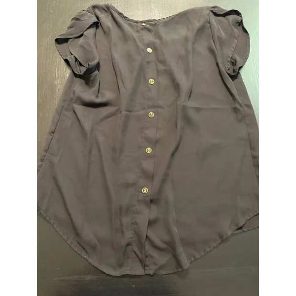 E&M Womens Black Short Sleeve Blouse Gold Chain Neck‎ Button Back Top Medium - Image 5