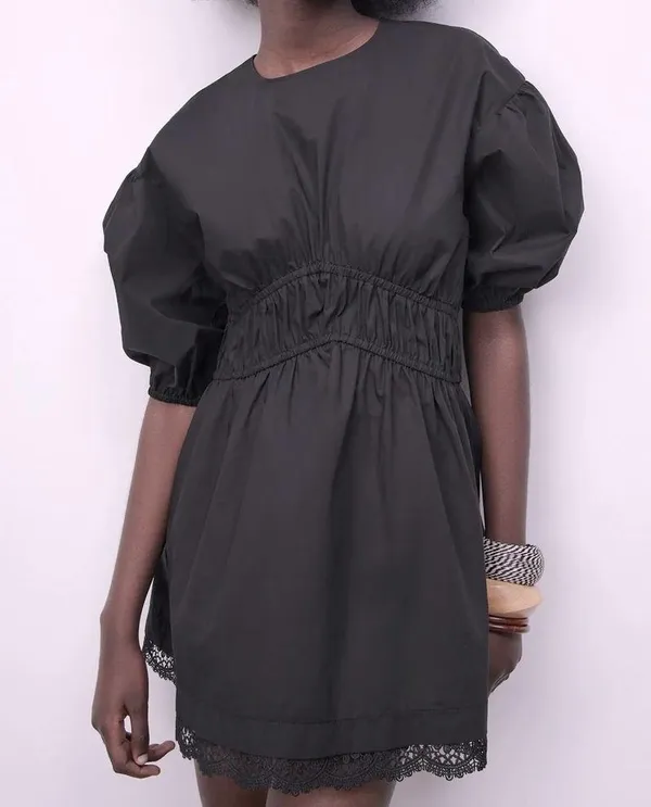 Zara Mini DRESS W/ MATCHING LACE TRIM BALOON SLEEVES Black Size XS NEW - Image 3