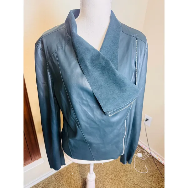 BlankNYC Womens Vegan Leather Asymmetrical Zip Jacket Moto biker Dark Green L - Image 2