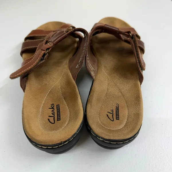 Clarks Collection Brown Leather Strappy Slide Sandals hook and loop summer 9.5 - Image 3