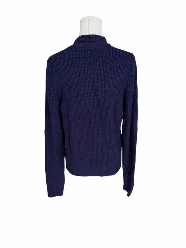 Commense - NWT Tie Neck Button Knit Cardigan Wool Blend Navy White Trim Sz M - Image 5