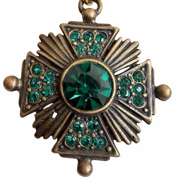 Vintage Maltese Cross Emerald Rhinestone Drop Brooch - Image 2
