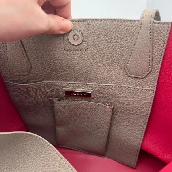 Tory Burch Perry Tote Taupe Pebbled Leather Shoulder Bag Classic Preppy Neutral - Image 3